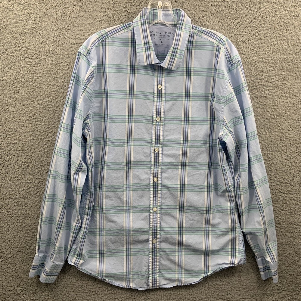Banana Republic Luxe Stretch Poplin Shirt Men L Grant Slim Fit Blue Plaid Cotton